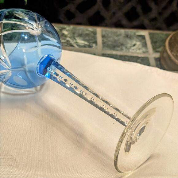 Blue & Green Vintage Bohemian Crystal Cut to Clear Unique Stem Wine Glass Pair - Picture 7 of 8